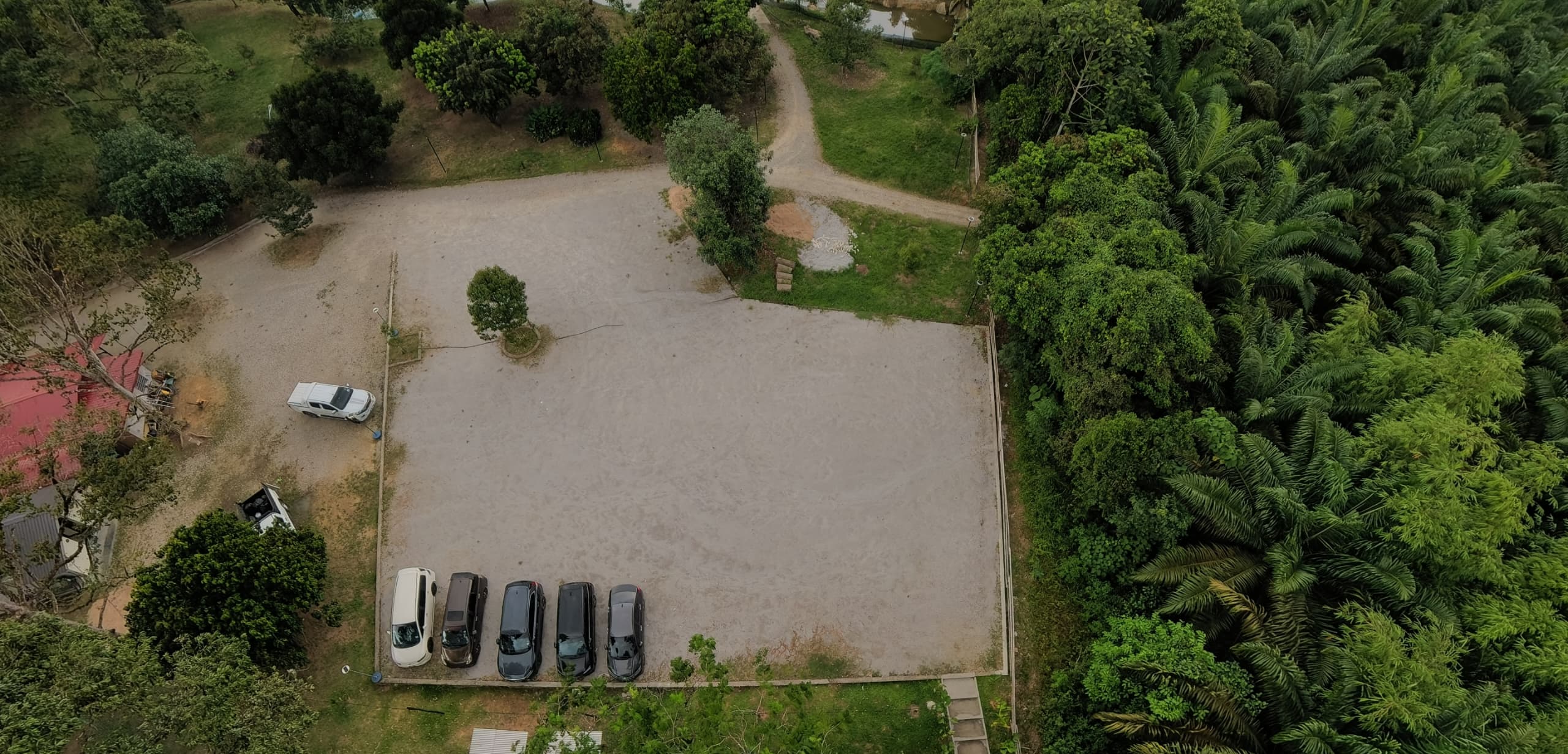 Aerial view of the gravel parking lot